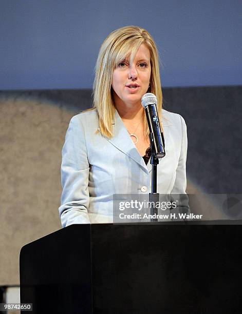 Lisa Holladay speaks at the unveiling of plans for Mercedes-Benz Fashion Week at Lincoln Center at the David Rubenstein Atrium on April 29, 2010 in...