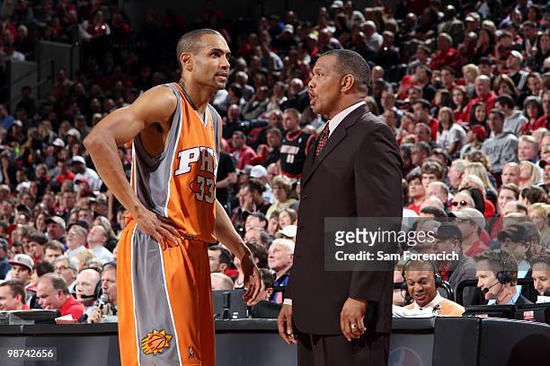 Grant Hill and head coach Alvin Gentry of the Phoenix Suns talk strategy in Game Four of the Western Conference Quarterfinals against the Portland...