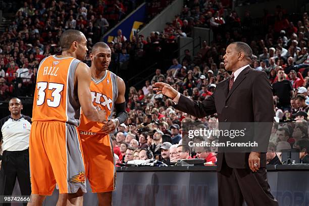 Leandro Barbosa and Grant Hill listen to instructions by head coach Alvin Gentry of the Phoenix Suns talk strategy in Game Four of the Western...