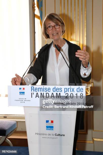 French Minister of Culture Francoise Nyssen presents the Andam Fashion Awards 2018 Ceremony at Ministere de la Culture on June 29, 2018 in Paris,...