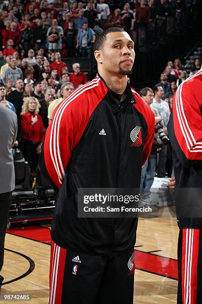 Brandon Roy of the Portland Trail Blazers stands for the national anthem prior to Game Four of the Western Conference Quarterfinals against the...