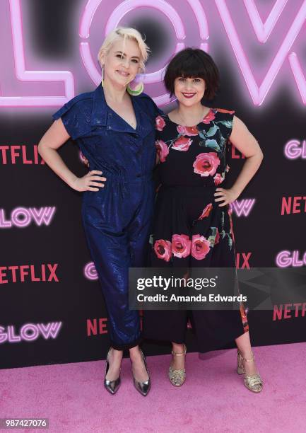 Actresses Kimmy Gatewood and Rebekka Johnson attend the cast of Netflix's "Glow" Season 2 Premiere 80's takeover celebration on Muscle Beach on June...