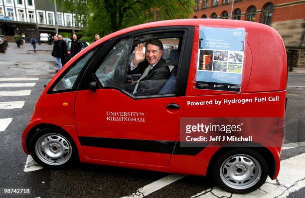 Business Secretary, Peter Mandelson is driven in a electric car during a visit to The University of Birmingham on April 29, 2010 in Birmingham,...