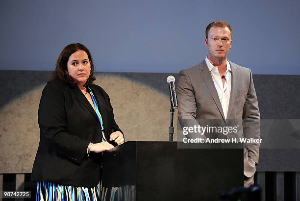 Christina Neault and Zach Eichman speak at the unveiling of plans for Mercedes-Benz Fashion Week at Lincoln Center at the David Rubenstein Atrium on...