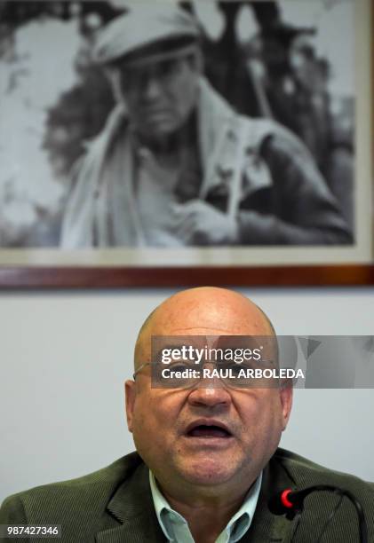 Carlos Lozada, member of the Common Alternative Revolutionary Force political party, delivers a press conference in Bogota on June 29, 2018. - The...