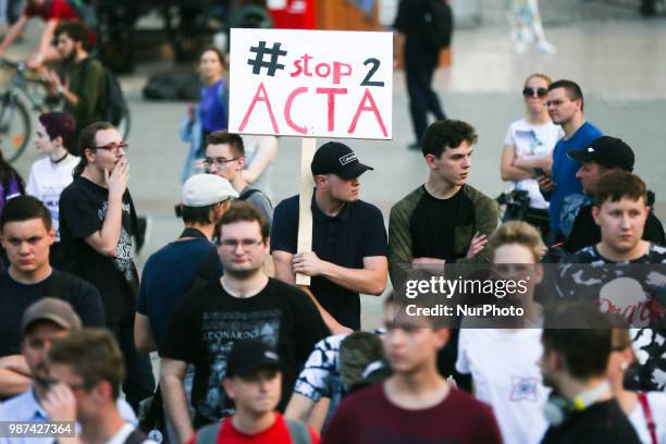 Few hundred people gathered during 'Stop ACTA 2.0' protest at the Main Square in Krakow, Poland on 29 June, 2018. Demonstrations were held in main...