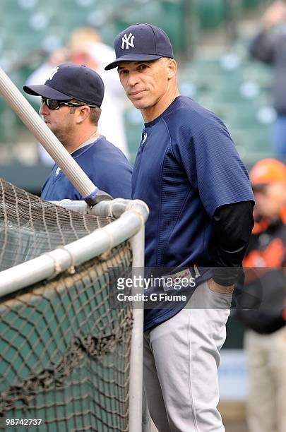 Manager Joe Girardi of the New York Yankees watches batting practice before the game against the Baltimore Orioles at Camden Yards on April 27, 2010...
