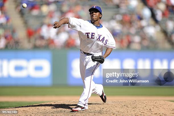 Neftali Feliz of the Texas Rangers pitches during the game against the Detroit Tigers at Rangers Ballpark in Arlington in Arlington, Texas on Sunday,...