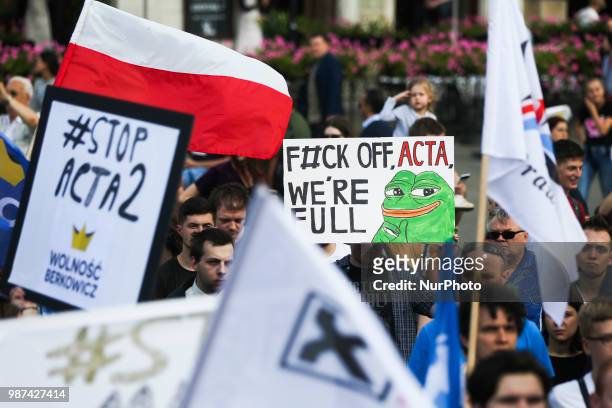 Few hundred people gathered during 'Stop ACTA 2.0' protest at the Main Square in Krakow, Poland on 29 June, 2018. Demonstrations were held in main...