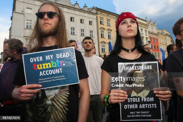 Few hundred people gathered during 'Stop ACTA 2.0' protest at the Main Square in Krakow, Poland on 29 June, 2018. Demonstrations were held in main...