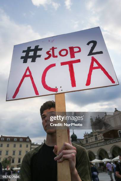 Few hundred people gathered during 'Stop ACTA 2.0' protest at the Main Square in Krakow, Poland on 29 June, 2018. Demonstrations were held in main...