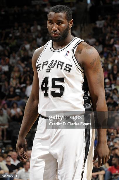 DeJuan Blair of the San Antonio Spurs looks on in Game Four of the Western Conference Quarterfinals against the Dallas Mavericks during the 2010 NBA...