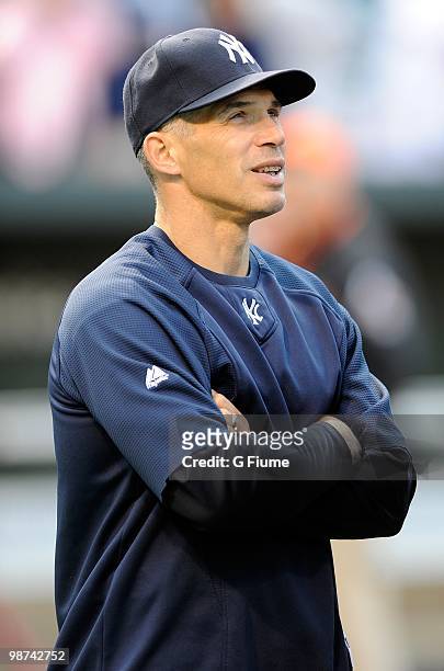 Manager Joe Girardi of the New York Yankees watches batting practice before the game against the Baltimore Orioles at Camden Yards on April 27, 2010...
