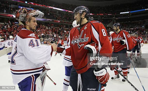 Jaroslav Halak of the Montreal Canadiens shakes hands with Alex Ovechkin of the Washington Capitals following the Canadiens 2-1 win in Game Seven of...