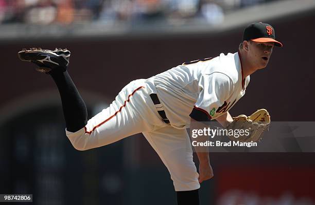 Matt Cain of the San Francisco Giants pitches during the game between the St. Louis Cardinals and the San Francisco Giants on Sunday, April 25 at...