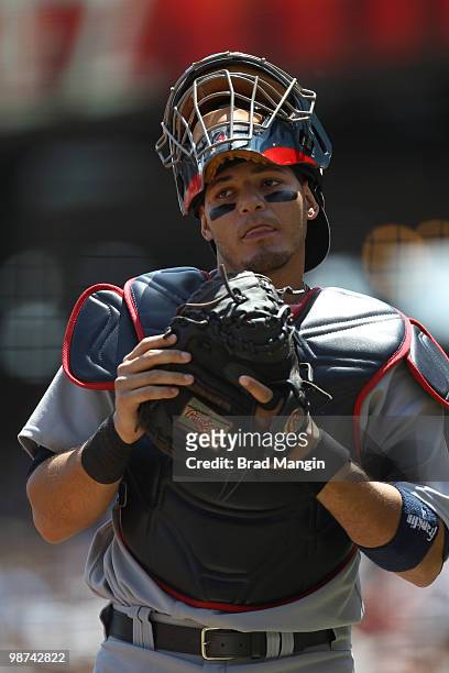 Yadier Molina of the St. Louis Cardinals works behind the plate during the game between the St. Louis Cardinals and the San Francisco Giants on...