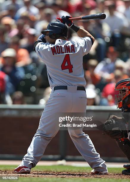Yadier Molina of the St. Louis Cardinals bats during the game between the St. Louis Cardinals and the San Francisco Giants on Sunday, April 25 at...