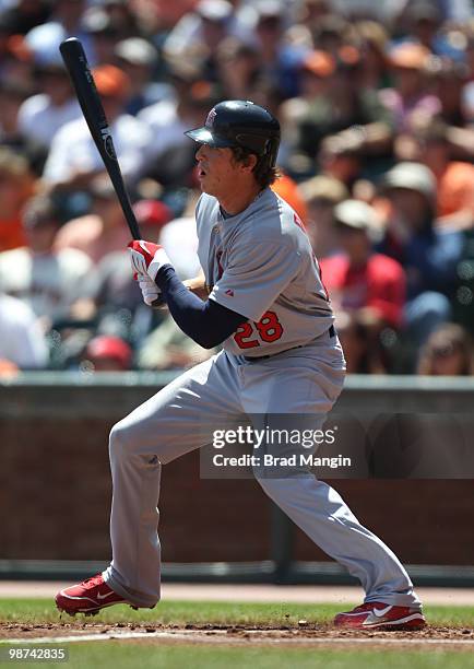 Colby Rasmus of the St. Louis Cardinals bats during the game between the St. Louis Cardinals and the San Francisco Giants on Sunday, April 25 at AT&T...