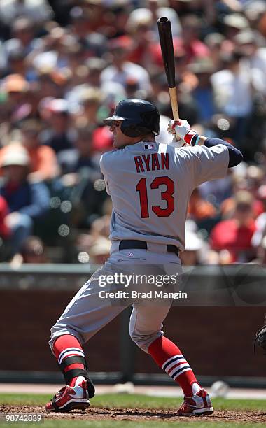 Brendan Ryan of the St. Louis Cardinals bats during the game between the St. Louis Cardinals and the San Francisco Giants on Sunday, April 25 at AT&T...