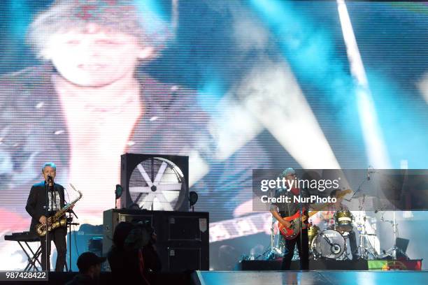 Portuguese rock band Xutos &amp; Pontapes performs in tribute to the late guitarist Ze Pedro, at Rock in Rio Lisboa 2018 music festival in Lisbon,...