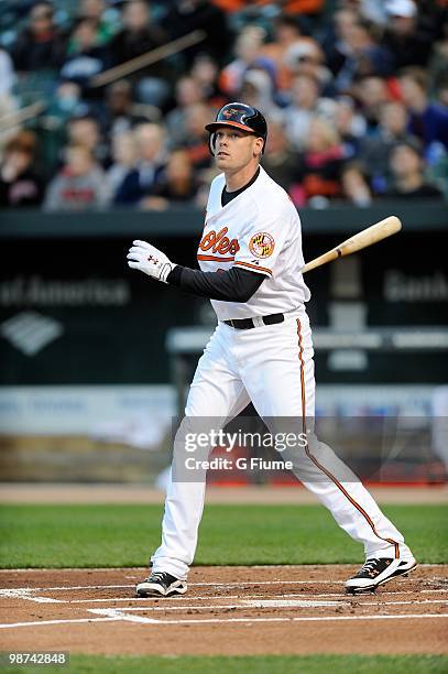 Matt Wieters of the Baltimore Orioles bats against the New York Yankees at Camden Yards on April 27, 2010 in Baltimore, Maryland.