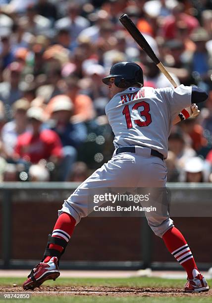 Brendan Ryan of the St. Louis Cardinals bats during the game between the St. Louis Cardinals and the San Francisco Giants on Sunday, April 25 at AT&T...