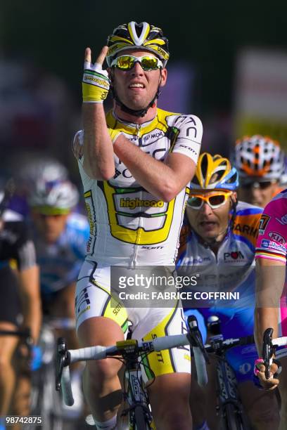 British rider Mark Cavendish of the Columbia-HTC team celebrates after winning the second stage of the UCI protour Tour de Romandie cycling race on...