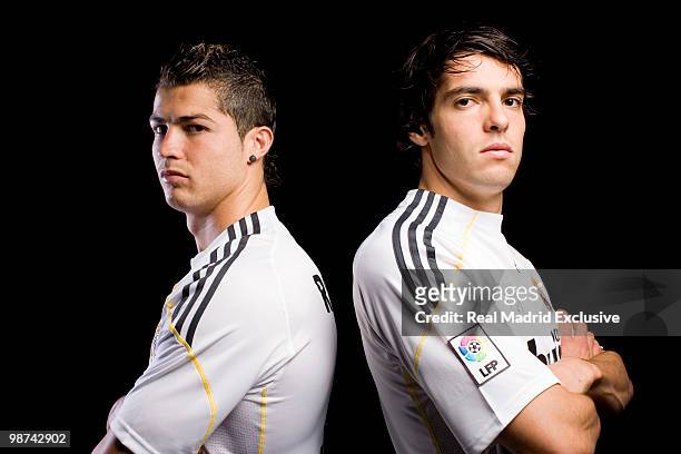 Cristiano Ronaldo and Kaka of Real Madrid pose during a photo session at the Bernabeu Stadium on November 26, 2010 in Madrid, Spain.