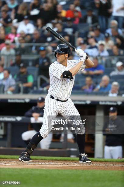 Greg Bird of the New York Yankees bats against the Washington Nationals during their game at Yankee Stadium on June 12, 2018 in New York City.