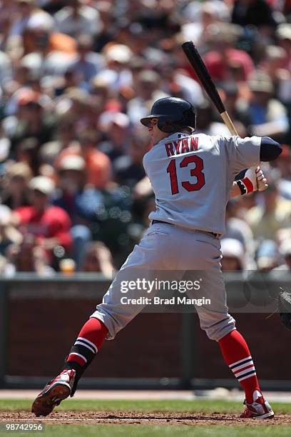 Brendan Ryan of the St. Louis Cardinals bats during the game between the St. Louis Cardinals and the San Francisco Giants on Sunday, April 25 at AT&T...