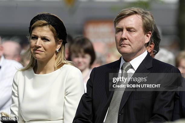 Dutch Prince Willem-Alexander and Princess Maxima attend on April 29, 2010 in Apeldoorn a ceremony at the monument of remebrance for the victims of...