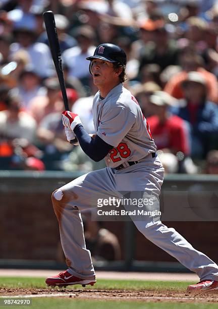 Colby Rasmus of the St. Louis Cardinals bats during the game between the St. Louis Cardinals and the San Francisco Giants on Sunday, April 25 at AT&T...