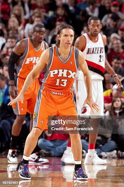 Steve Nash of the Phoenix Suns stands on defense in Game Four of the Western Conference Quarterfinals against the Portland Trail Blazers during the...