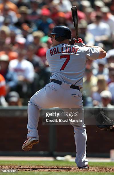 Matt Holliday of the St. Louis Cardinals bats during the game between the St. Louis Cardinals and the San Francisco Giants on Sunday, April 25 at...