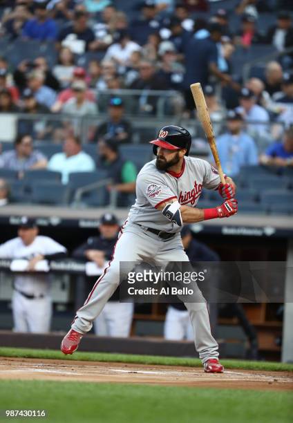 Adam Eaton of the Washington Nationals bats against the New York Yankees during their game at Yankee Stadium on June 12, 2018 in New York City.