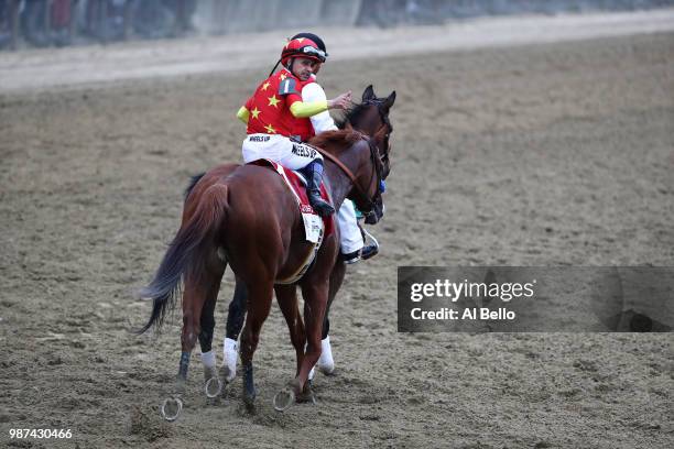 Jockey Mike Smith celebrates atop of Justify during the 150th running of the Belmont Stakes at Belmont Park on June 9, 2018 in Elmont, New York....