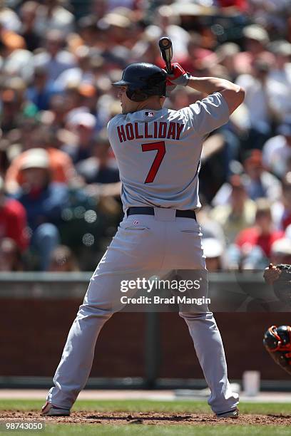 Matt Holliday of the St. Louis Cardinals bats during the game between the St. Louis Cardinals and the San Francisco Giants on Sunday, April 25 at...