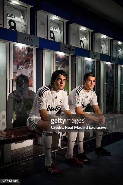 Kaka and Cristiano Ronaldo of Real Madrid pose during a photo session at the Bernabeu Stadium on November 26, 2010 in Madrid, Spain.