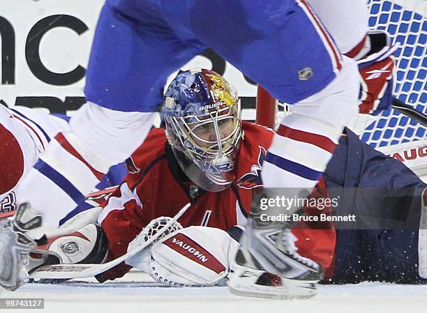 Semyon Varlamov of the Washington Capitals tends net against the Montreal Canadiens in Game Seven of the Eastern Conference Quarterfinals during the...