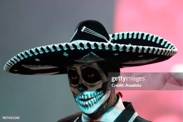 Participant attends event The day of the Dead at the Moscow Gostiny Dvor in Moscow , Russia on June 30 2018.