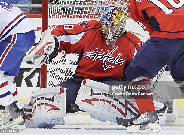 Semyon Varlamov of the Washington Capitals tends net against the Montreal Canadiens in Game Seven of the Eastern Conference Quarterfinals during the...