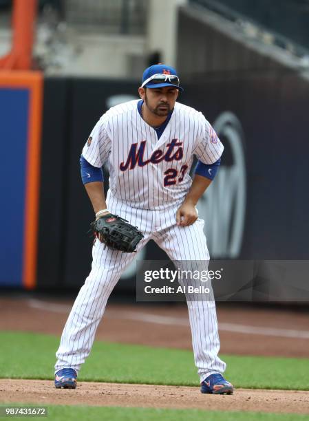 Adrian Gonzalez of the New York Mets in action against the Chicago Cubs during their game at Citi Field on June 3, 2018 in New York City.