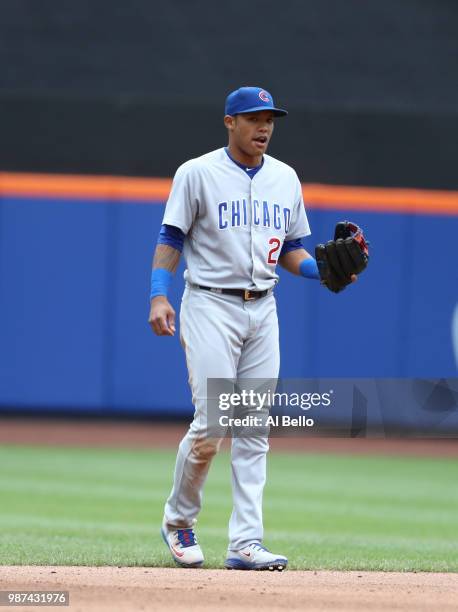 Tommy La Stella of the Chicago Cubs in action against the New York Mets during their game at Citi Field on June 3, 2018 in New York City.