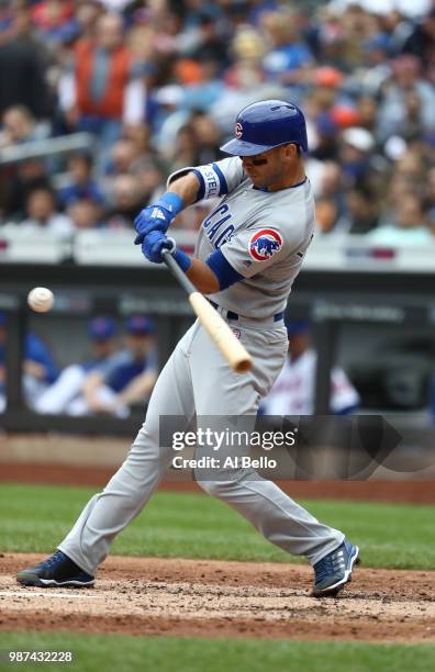 Tommy La Stella of the Chicago Cubs bats against the New York Mets during their game at Citi Field on June 3, 2018 in New York City.