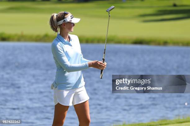 Jessica Korda watches her birdie attempt on the 16th green during the second round of the 2018 KPMG PGA Championship at Kemper Lakes Golf Club on...