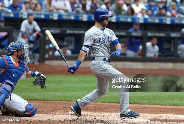 Tommy La Stella of the Chicago Cubs bats against the New York Mets during their game at Citi Field on June 3, 2018 in New York City.