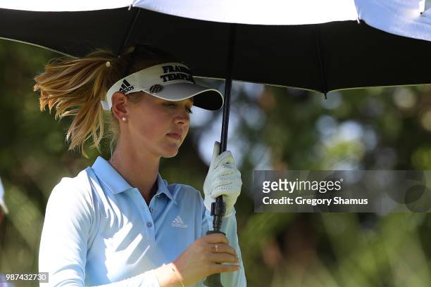 Jessica Korda walks off the 17th tee during the second round of the 2018 KPMG PGA Championship at Kemper Lakes Golf Club on June 29, 2018 in...