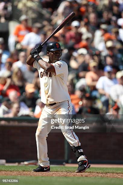 Edgar Renteria of the San Francisco Giants bats during the game between the St. Louis Cardinals and the San Francisco Giants on Sunday, April 25 at...