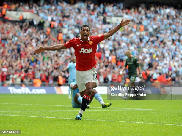 Nani of Manchester United celebrates after scoring United's third goal during the FA Community Shield match between Manchester City and Manchester...