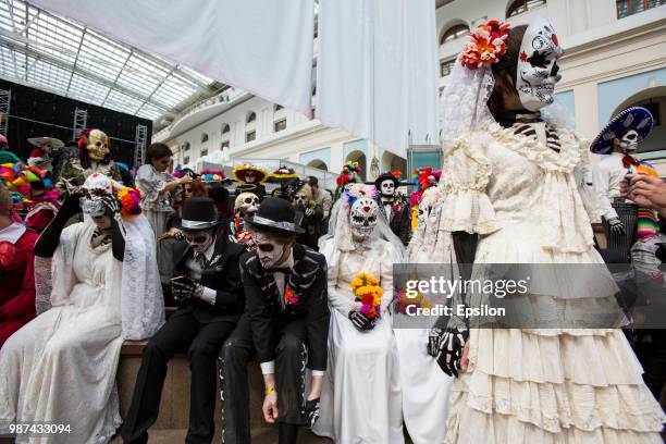 Participants of Day of the Dead celebration at the National House of Mexico for fans in Gostiny Dvor during FIFA World Cup Russia 2018 on June 29,...